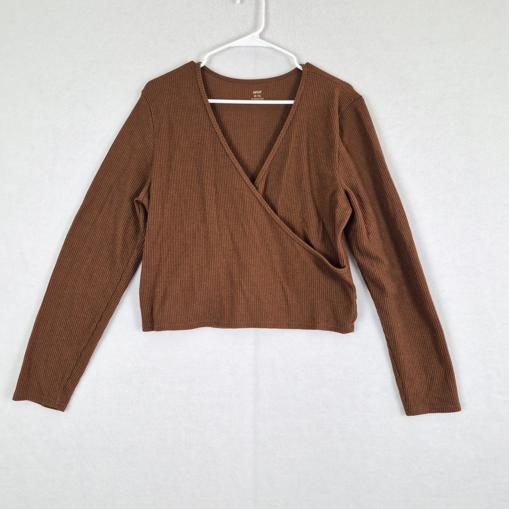 Aerie Brown Waffle Knit Faux Wrap Long Sleeve Cropped Top XL Surplice V-Neck